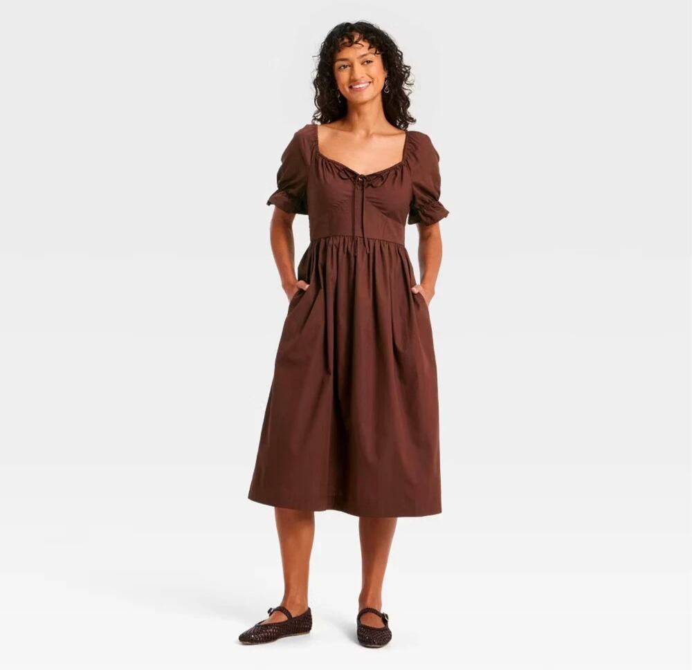 Universal Thread Brown Puff Elbow Sleeve Midi Dress XS